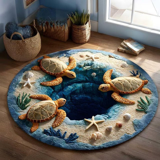 Runder Teppich mit 3D-Schildkröten-Motiv in Türkis, Durchmesser: 120 cm - Bild 1