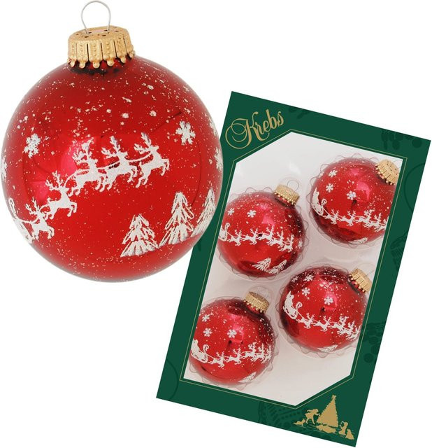 Krebs Glas Lauscha Weihnachtsbaumkugeln 4er-Set mit Santa und Rentier in Rot und Silber, Durchmesser: 7 cm - Bild 1