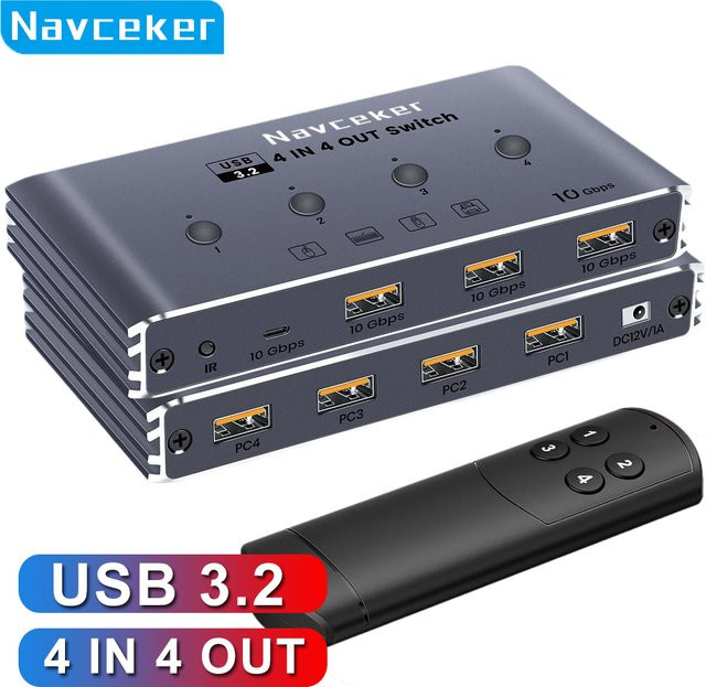 Navceker KVM USB-C-Switch mit Controller für 4 Computer, 4x 10Gbps USB 3.2 Gen 2 Umschalter für PC und Laptop sowie Tastatur - Bild 1