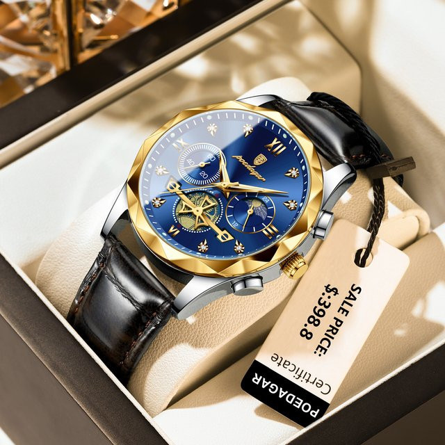 POEDAGAR Armbanduhr Chronograph, Quarz, Leder, Blau, Herren - Bild 1