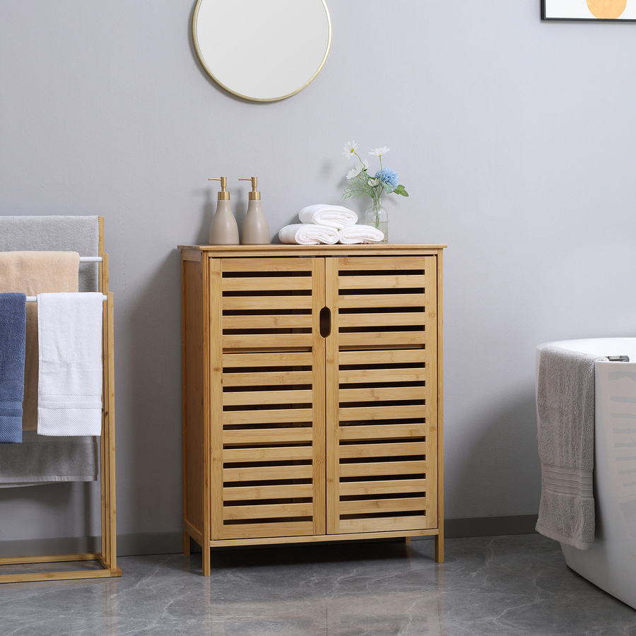 kleankin Badezimmerschrank aus Bambus mit 2 Lamellentüren und 2 Innenregalen, Braun, B/T/H: 68 x 32 x 86 cm - Bild 1