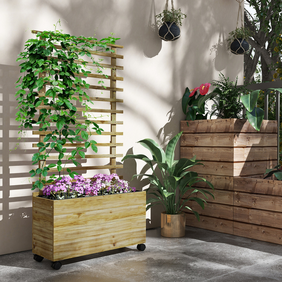 Outsunny Hochbeet Pflanzkasten mit Rankgitter und Rollen aus Holz in Braun oder Weiß, H x B x T: 155 x 76 x 30 cm - Bild 2
