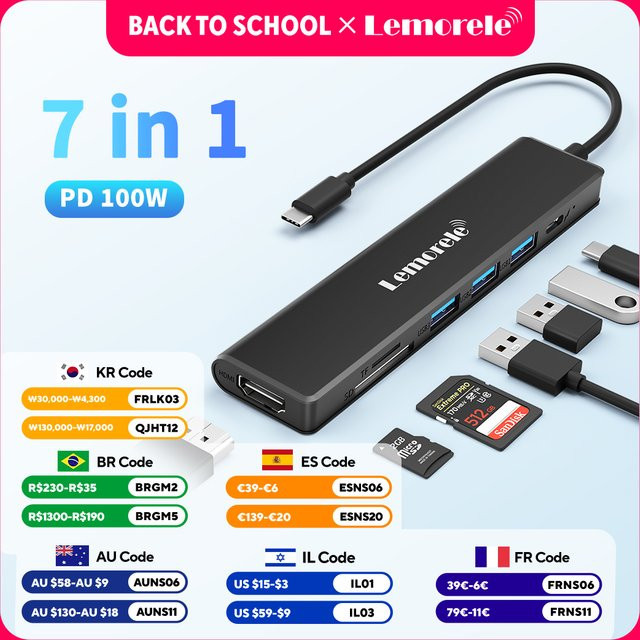 Lemorele 7-in-1 USB Hub Dockingstation in Grau mit HDMI 4K UHD, USB 3.0, SD TF und PD 100W für Windows und Mac - Bild 1