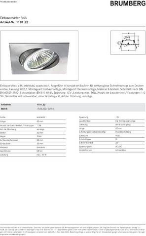 Brumberg Einbauleuchte Edelstahl quadratisch 50W Halogen GU5.3 IP20 - Bild 1