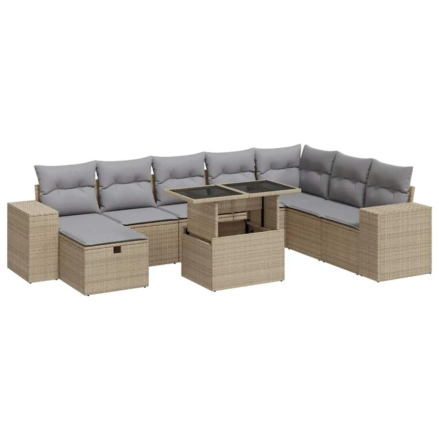 vidaXL 9-teilige Garten-Sofagarnitur in L-Form aus Poly-Rattan mit Kissen und Couchtisch in Beige und Grau - Bild 2