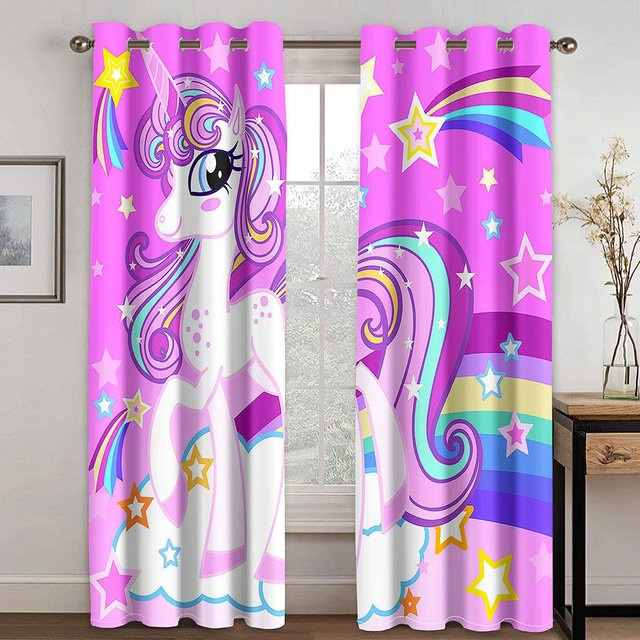 Einhorn-Vorhänge mit Regenbogen-Pferde-Muster für Kinderzimmer, halbtransparent, Pink/Mehrfarbig, 2er-Set, B: 50 cm, H: 60 cm - Bild 1