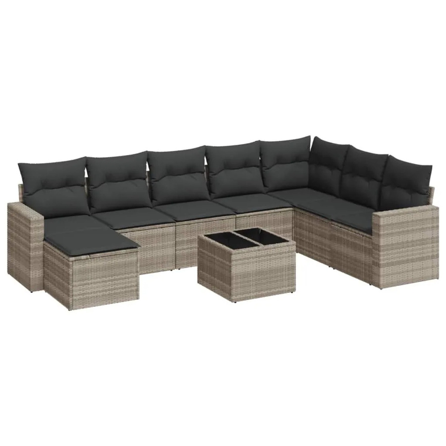 vidaXL 9-teilige Garten-Sofagarnitur in L-Form aus Polyrattan mit Kissen und Couchtisch in Grau - Bild 2