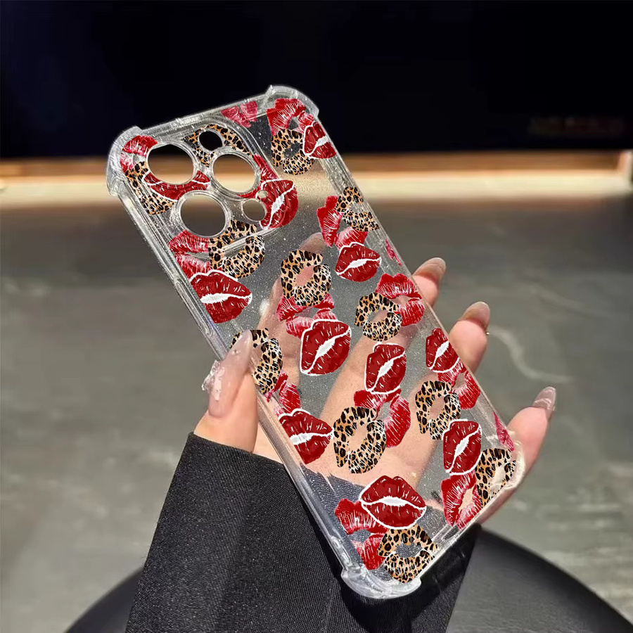 Glitzernde iPhone Handyhülle mit Schwarz-rotem Lippen-Kuss-Print aus transparentem Silikon für Apple iPhone 17, 16, 15, 14, 13, 12, 11 und Pro Max Modelle - Bild 2