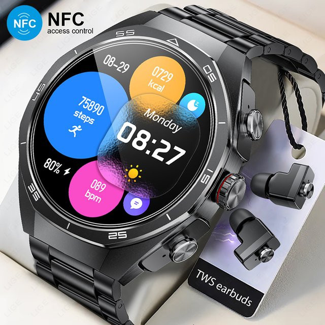LIGE Smartwatch mit TWS Musik-Ohrhörern, AMOLED Display, NFC, Bluetooth-Anruffunktion, Herzfrequenz- und Blutsauerstoff-Monitor, Schwarz, Unisex, für Android - Bild 1