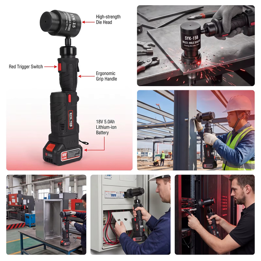 Podofo SYK 8B Akku-Lochstanzer in Schwarz mit geradem Griff für die professionelle Blechbearbeitung und Installation von Elektroschränken - Bild 4