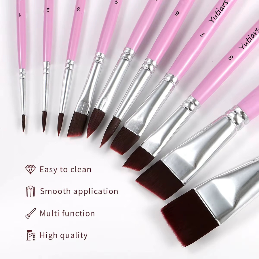 Yutiars 10er Set Professionelle Gesichtspinsel in Pink für Aquarell, Acryl, Ölgemälde und Nailart - Bild 2