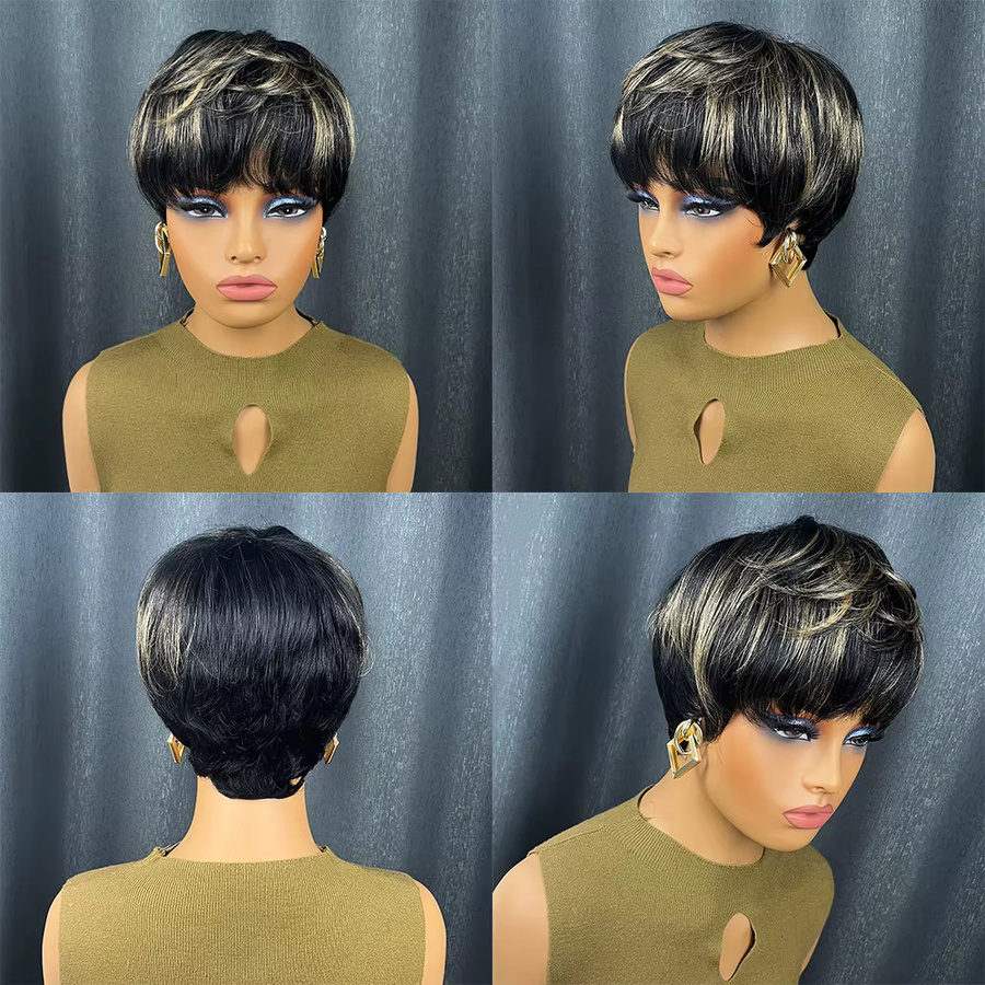 OYM HAIR Blonde Highlight-Perücke, Echthaar, Pixie-Schnitt, Damen - Bild 2
