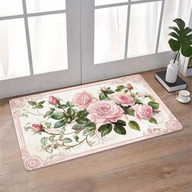 Dekorativer Vintage Teppich mit floralem Design in Rosa, rutschfest und waschbar, B/T: 60 x 40 cm - Bild 1