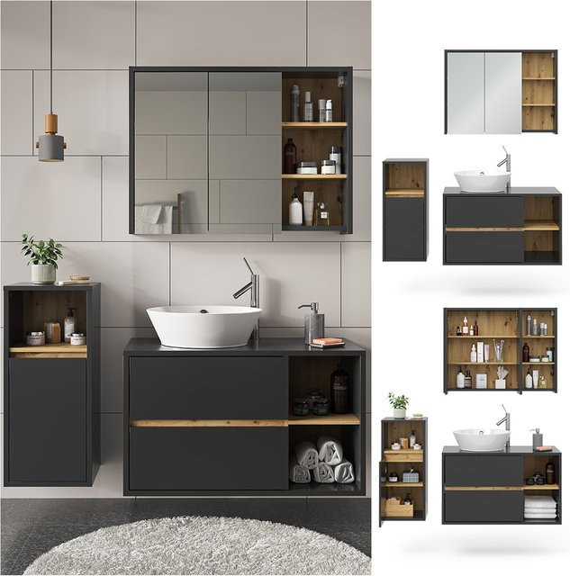 Vicco Badmöbel-Set Viola in Anthrazit und Eiche, 3-teiliges Badezimmer-Set mit Spiegelschrank, Waschtischunterschrank und Midischrank - Bild 1
