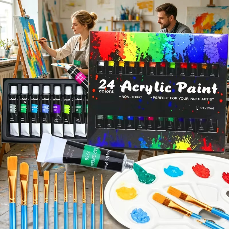 Acrylfarben-Set von kissbuty mit 24 Farben in 12ml Tuben und professionellen Pinseln, Multicolor, ideal für Künstlerzeichnungen und DIY-Kunstprojekte - Bild 2