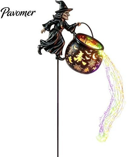 HonorBond Eisenhexe Kessel Statue mit LED-Beleuchtung, Gruselige Halloween Garten-Silhouette in Schwarz und Multicolour für die Außen-Dekoration - Bild 1