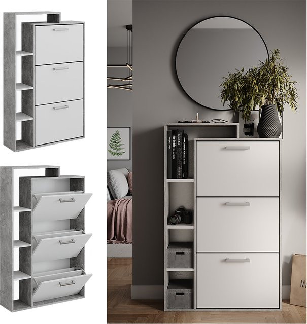 Vicco Schuhkipper Orlando Weiß Beton mit 3 Fächern, Breite: 80 cm, Höhe: 128,3 cm - Bild 1
