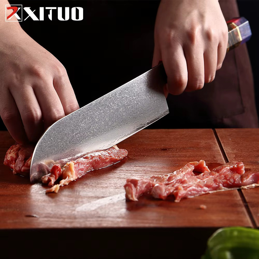 XITUO Santoku-Messer aus Damaszener Stahl mit achteckigem Holzgriff, 7 Zoll, Mehrfarbig - Bild 5