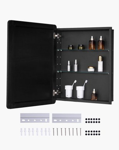 VEVOR Spiegelschrank für das Badezimmer mit Aluminiumrahmen, Spiegeltür und verstellbaren Glasböden, Einbau- und Wandmontage, Silber/Schwarz, B/T/H: 66,2 x 13,5 x 76,2 cm - Bild 1