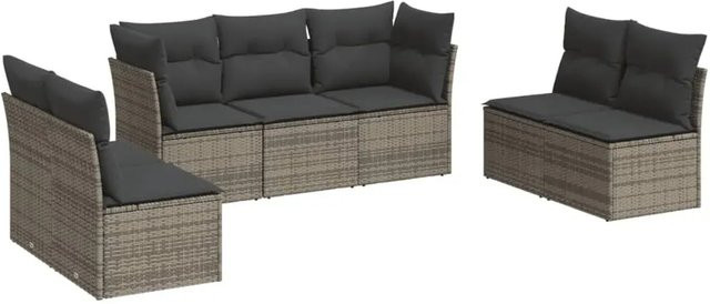 vidaXL 7-tlg Garten-Sofagarnitur in L-Form aus grauem Poly-Rattan mit Sitzkissen und Stauraum - Bild 1