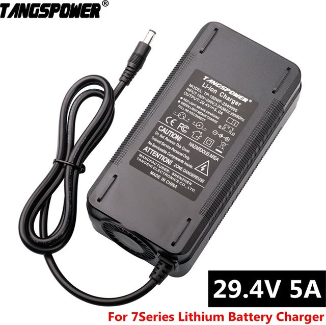 TANGSPOWER Lithium-Batterieladegerät 29,4V 5A für 24V 7Series Li-Ionen-Akkupacks mit DC 5,5x2,1mm Anschluss und Lüfter, Schwarz - Bild 1