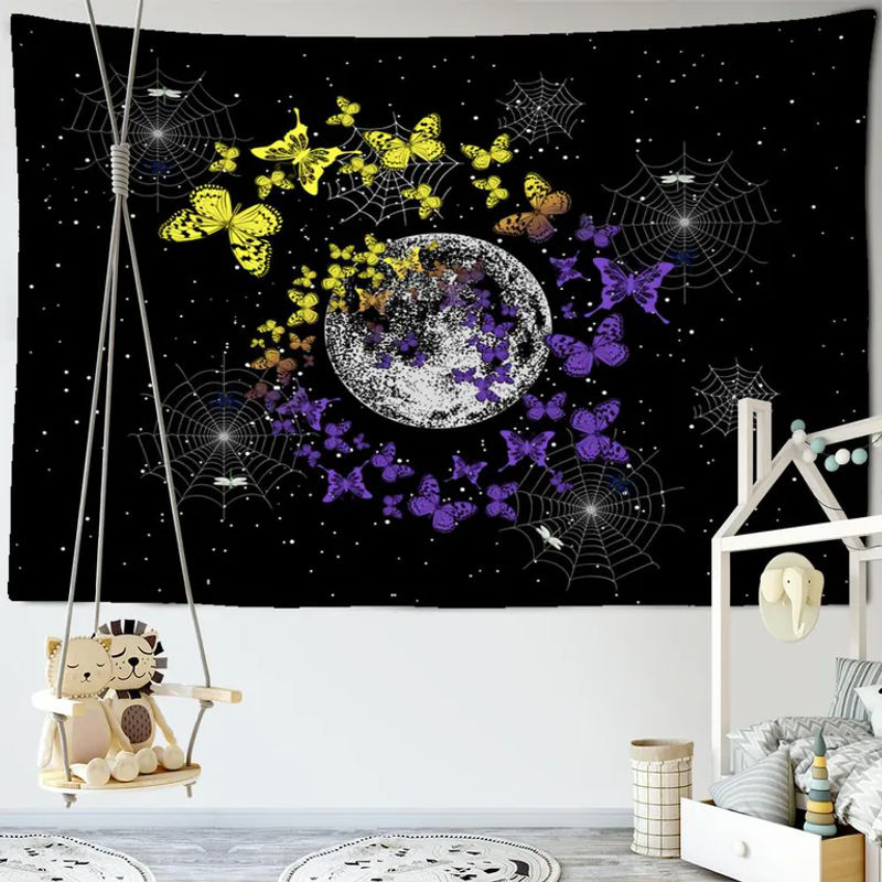Super Six Wandbehang im Bohemian Stil mit Mond, Sternen und Schmetterlingen, Schwarz, B: 95 cm, H: 70 cm - Bild 2