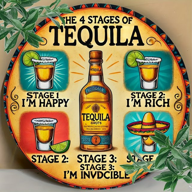 Potdemiel Retro Metal Aluminiumgemälde Die vier Stufen von Tequila, kreisförmig, Mehrfarbig, Durchmesser: 19,8 cm - Bild 1