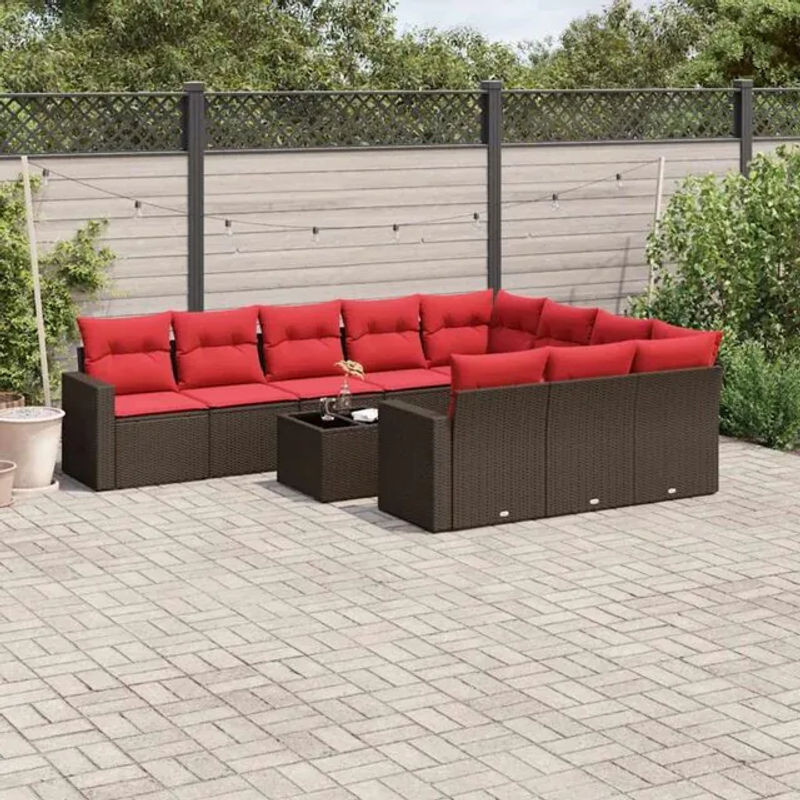 VIDAXL 11-tlg. Garten-Sofagarnitur aus Polyrattan mit Kissen in Braun und Rot - Bild 1