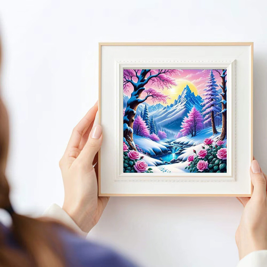 HUACAN 5D DIY Diamant Stickerei Kit Surreal Winter Landschaft mit Schnee und Blumen, Multicolor, 20 x 20 cm - Bild 3