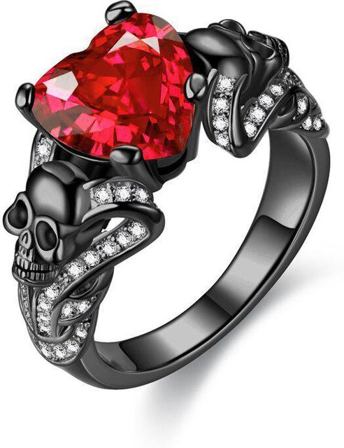 7&Black Ring Totenkopf, Messing, Schwarz, Kristall, Damen - Bild 1