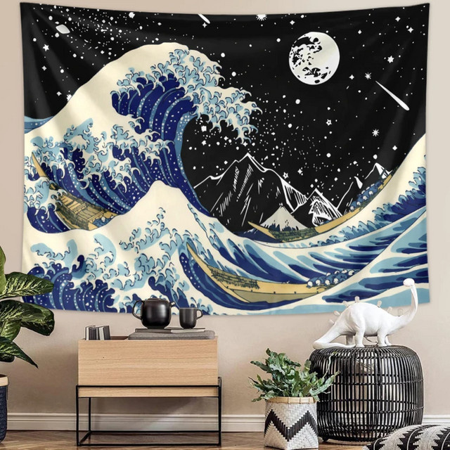 VIKAMA Kanagawa Suruga-Ichi Wandteppich im Ukiyo-e Stil mit japanischen Wellen, blaue Wanddekoration aus Textil - Bild 1