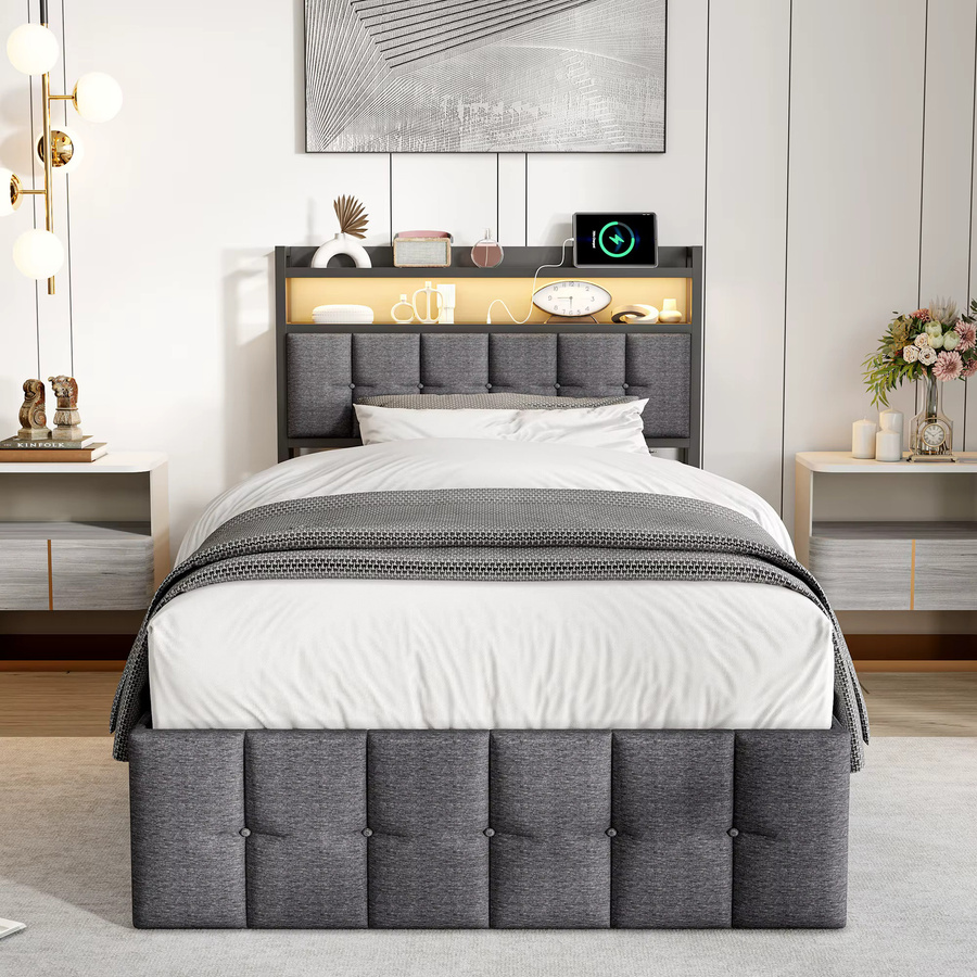 Rosahqnda Polsterbett in Grau mit LED-Beleuchtung, USB-Anschluss und Stauraum, Breite: 90 cm, Länge: 200 cm - Bild 3