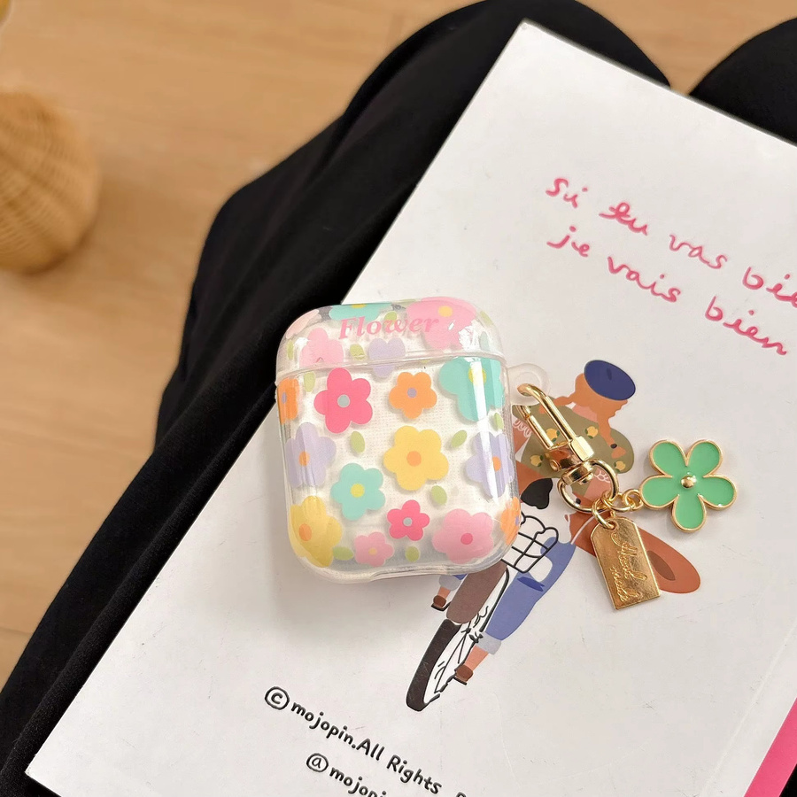 Transparente Kopfhörerhülle mit Blumenmuster in bunten Farben und Blumenanhänger für Apple AirPods 1 2 3 4 Pro Pro2 Pro3 - Bild 3