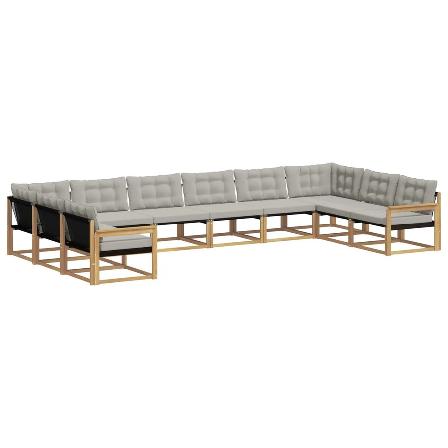 vidaXL Outdoor-Sofagarnitur 10-teilig in L-Form aus Akazienholz mit Textilene und Kissen in Weiß-Hellgrau - Bild 2