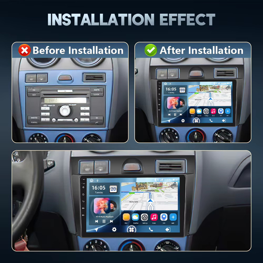 Podofo Android Autoradio für Ford Fiesta 2006-2011 mit 8GB+128GB Speicher, 2DIN Multimedia-Player mit Carplay, Android Auto, GPS, WIFI und DSP, Schwarz - Bild 2