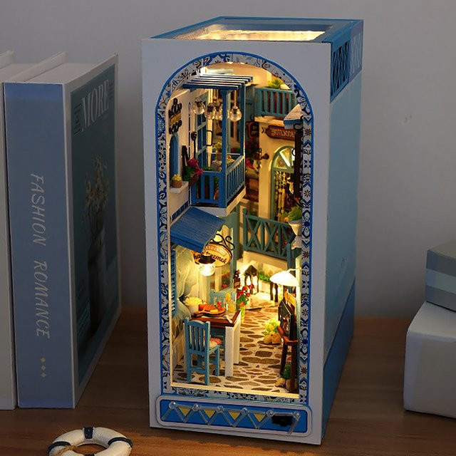 zuuton Mini-Puppenhaus Bücherregal-Set, 3D-Puzzle, mit LED-Leuchten, Holz - Bild 1