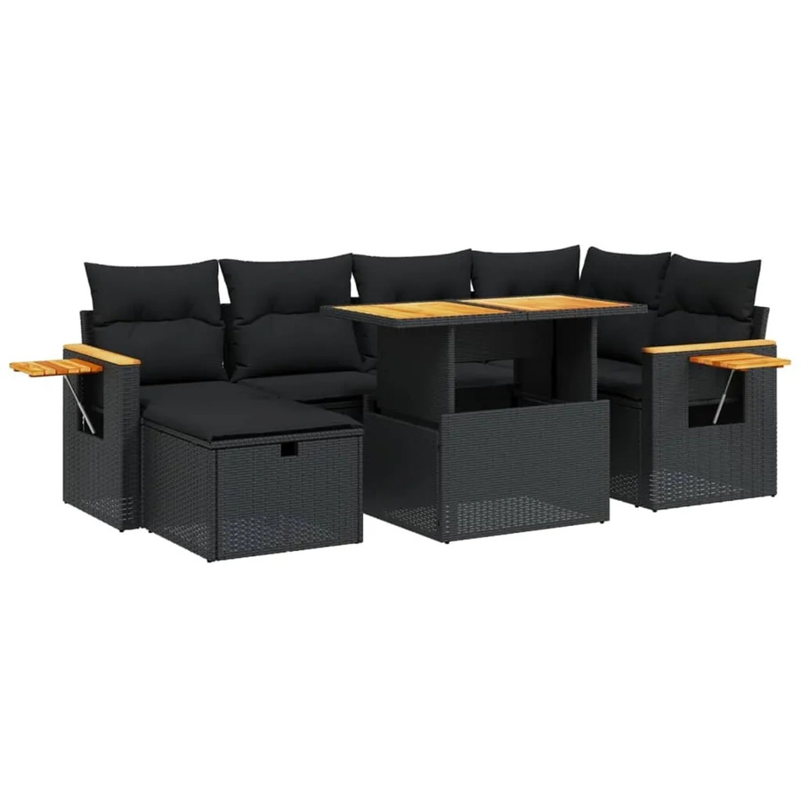 vidaXL 7-teilige Garten-Sofagarnitur aus Poly-Rattan und Akazienholz in Schwarz mit Kissen - Bild 2