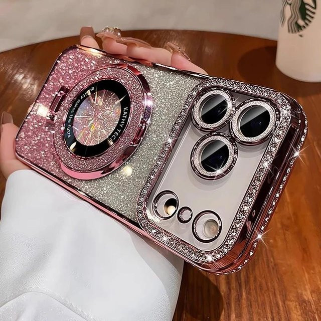 Glitzernde iPhone Hülle mit Strasssteinen und magnetischem Ständer für Apple iPhone 17 Pro Max, 16, 14, 13, 12, 11 und 1 Plus in Pink Transparent - Bild 1