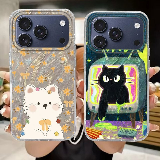 FunYudas Handyhülle für iPhone mit Cartoon Katze und Blumen Design in Schwarz - Bild 1