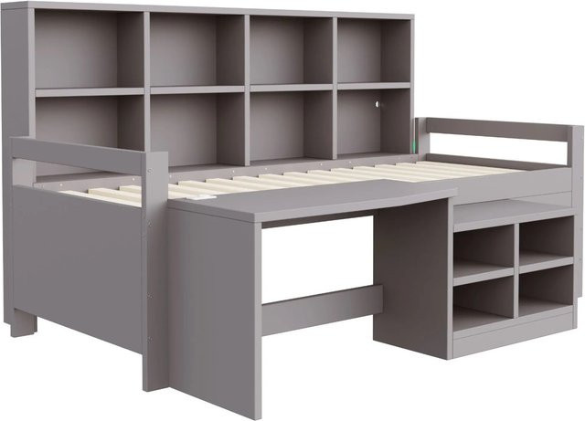 Merax Jugendbett mit Schreibtisch und LED-Beleuchtung in Grau und Weiß, B/T/H: 200 x 90 x 146 cm - Bild 1