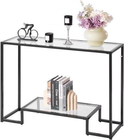 VEVOR 2-stufiger Konsolentisch modern aus Glas und Eisen, rechteckiger Beistelltisch mit Kippschutz für Wohnzimmer, Flur und Foyer, Farbe: Schwarz/Gold, B/T/H: 107 x 35,4 x 75,5 cm - Bild 1