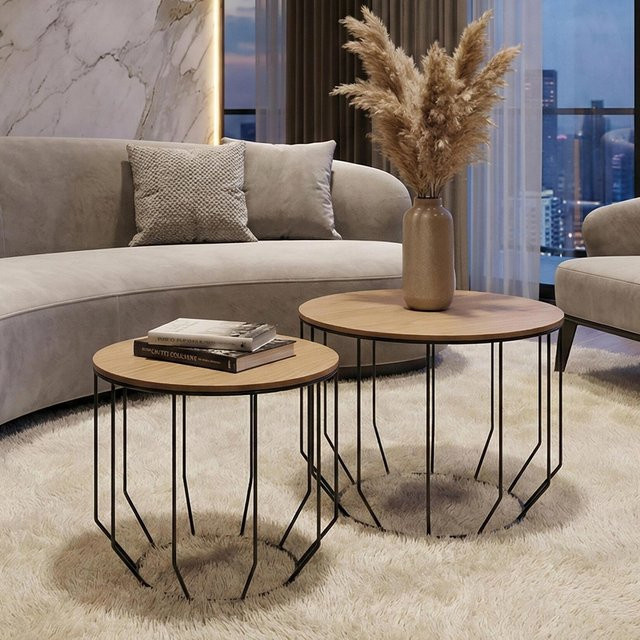MCA 2er-Set Couchtisch MCW-P58 Industrial Design aus Metall und Eiche Holz in Braun, ineinander stellbar - Bild 1