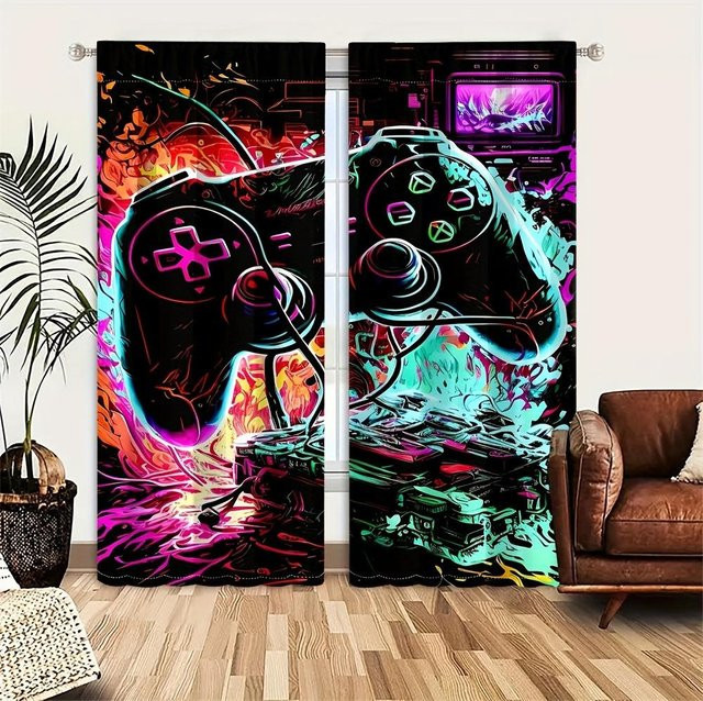 Yiran Furniture Vorhänge mit Gamepad-Druck in Schwarzweiß, 2er-Set, semi-transparent, Breite: 50 cm, Höhe: 130 cm - Bild 1
