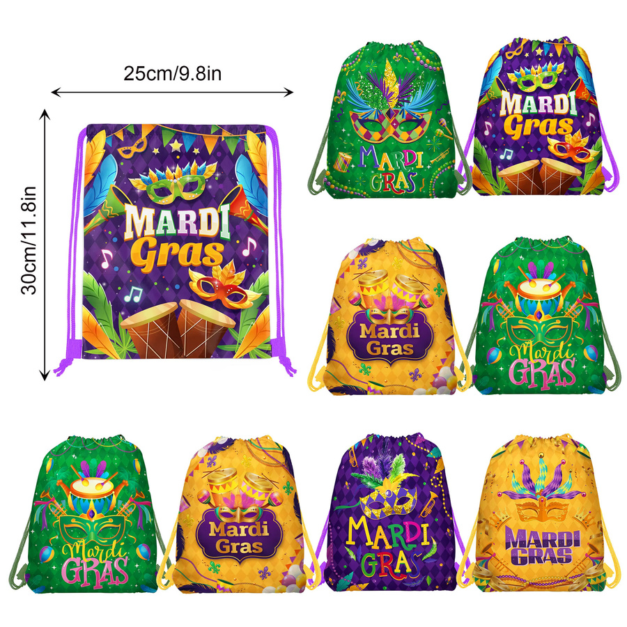 10 Stück Mardi Gras Vlies-Geschenkbeutel mit Maskenmuster und Kordelzug in Multicolour als Partyzubehör und Aufbewahrungsbeutel - Bild 4