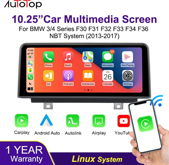AUTOTOP 10,25 Zoll Linux Wireless CarPlay Android Auto Autoradio mit Mirror Link für BMW 3er und 4er Serie F30 F31 F32 F34 F36 NBT System 2013-2017 in Schwarz - Bild 1