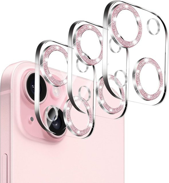 3er-Set Glitzer-Diamant Kamera-Schutzfolie aus gehärtetem Glas für Apple iPhone 16 15 14 13 12 11 Pro Max Mini Plus in Silber - Bild 1