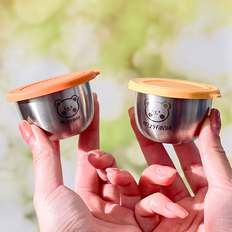 WORTHBUY Saucenschale aus Edelstahl 304 mit Deckel in Silber und Beige, tragbare und versiegelte Dip-Saucenschüssel für Salat, Tomaten und Gewürze - Bild 2