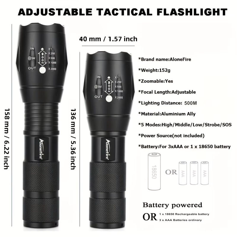 Alonefire 10W Zoom LED Taschenlampe aus Aluminium in Schwarz für Outdoor, Camping und Jagd - Bild 6
