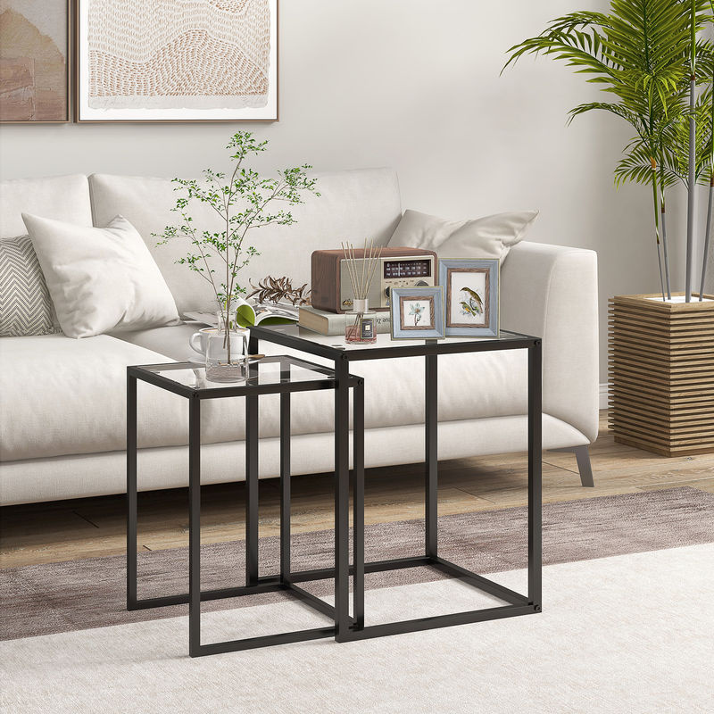 HOMCOM 2er Set Beistelltische modern aus Glas und Stahl in Schwarz - Bild 2
