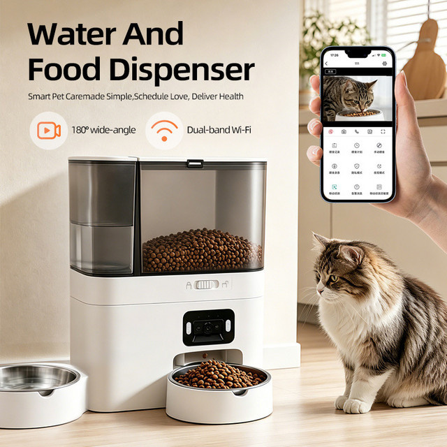 Weomg Automatischer Haustierfutterspender mit WLAN-App-Steuerung und Kamera sowie Schwerkraft-Wasserspender in Weiß - Bild 1
